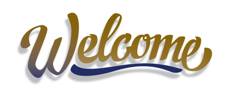 A welcome graphic is gold and blue